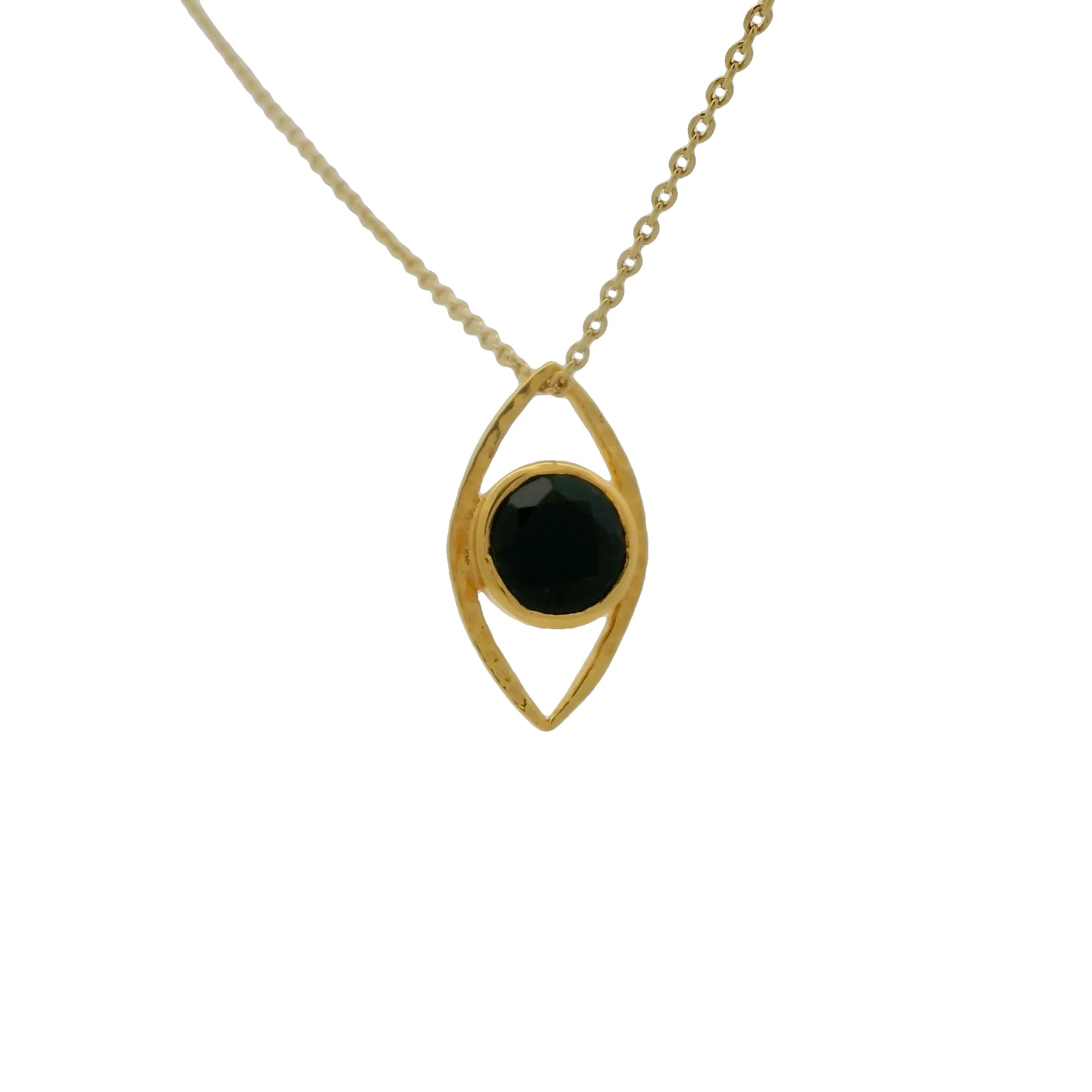 GOLD NECKLACE WITH HAMMERED BLACK ONYX EVIL EYE